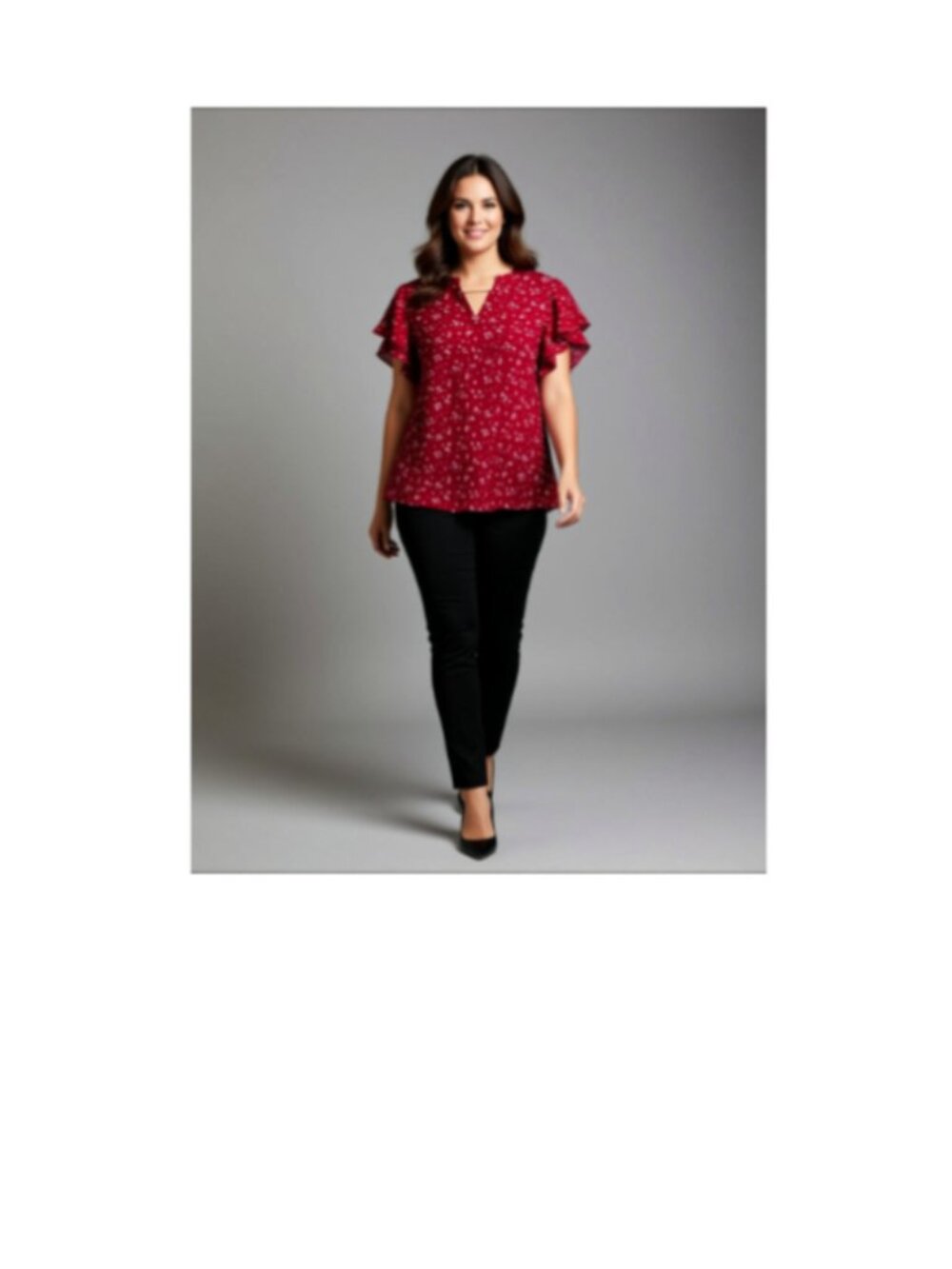 Lafayette 148 New York Red Floral Split‑Neck Flutter Sleeve Blouse